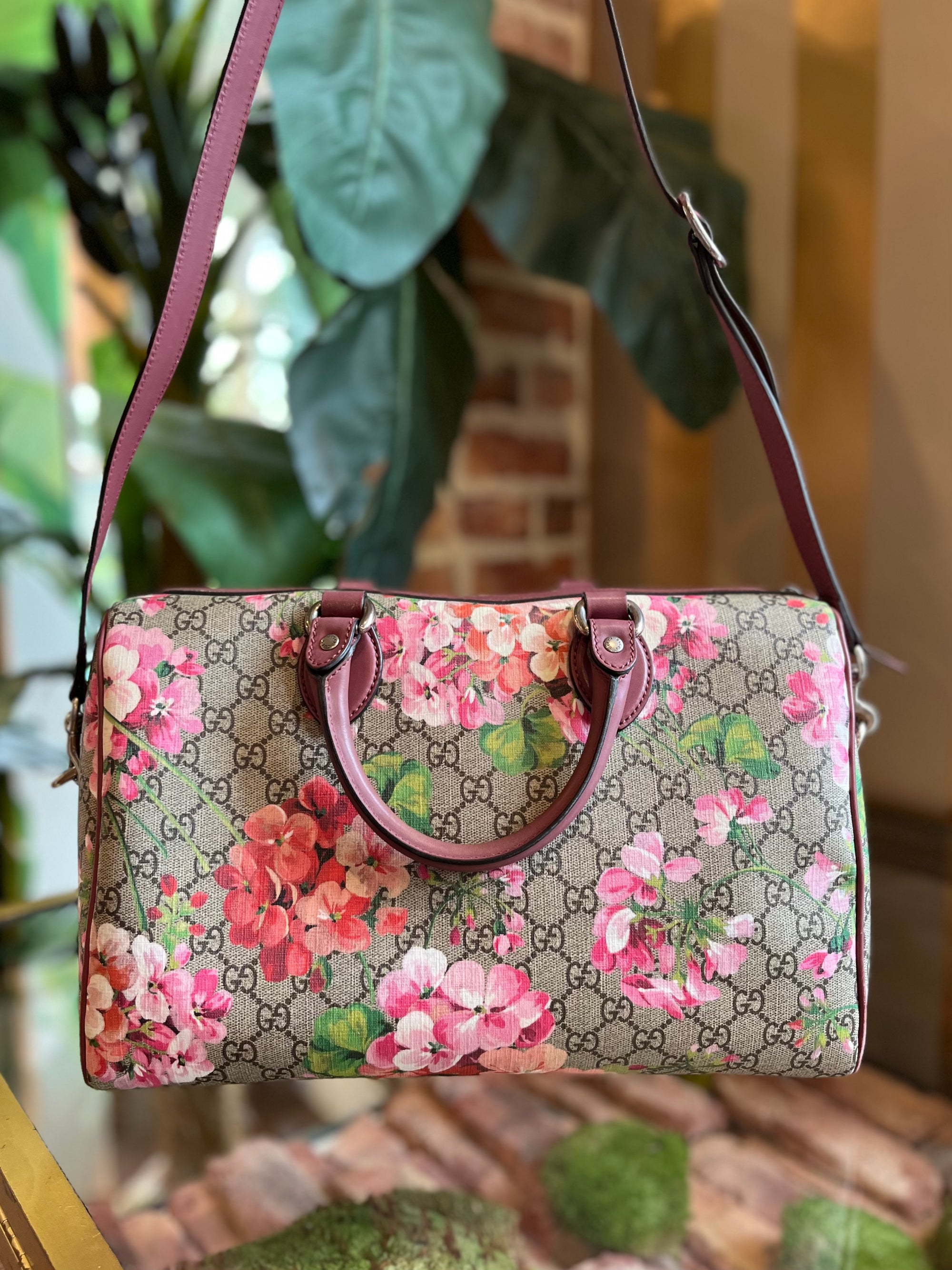 GUCCI Pink GG Supreme Blooms Coated Canvas Medium Top Handle Boston Bag