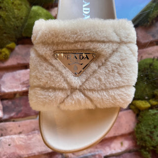 PRADA Beige Leather Shearling Slides SZ 37 (US 7)