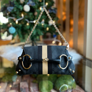 GUCCI Horsebit Pochette Black GG Canvas Shoulder Bag
