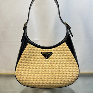 PRADA Beige Natural Raffia Woven Black Calfskin Leather Shoulder Bag