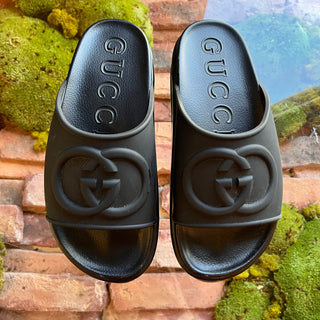 GUCCI GG Black Leather Rubber Platform Slides