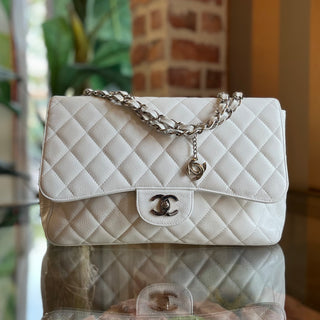 CHANEL Jumbo White Caviar Leather Single Flap Shoulder Bag