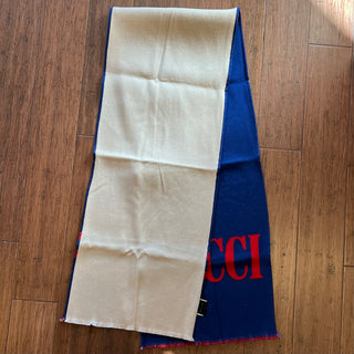 GUCCI Blue Red Jacquard Gucci Logo Wool Blend Scarf