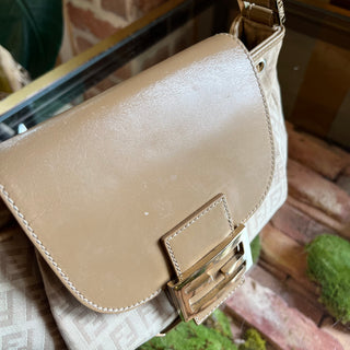 FENDI Medium Drawstring Flap Zucca Canvas Leather Hobo Bag
