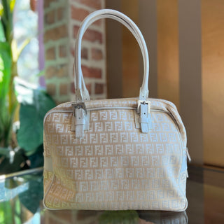 FENDI Light Beige White FF Zucchino Zip Satchel Bag