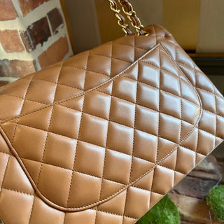 CHANEL Classic Jumbo Double Flap Camel Quilted Lambskin Shoulder Bag
