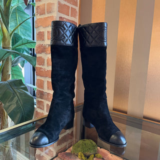 CHANEL Black Leather Suede CC Mid Calf Boots SZ 36.5 (US 6.5)