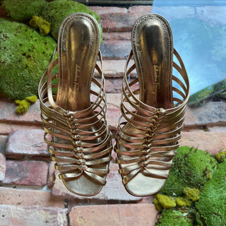 FERRAGAMO Jessa Metallic Gold Leather Caged Heels SZ 6
