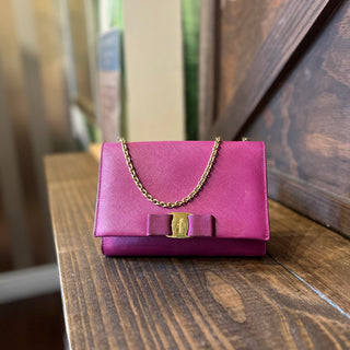 SALVATORE FERRAGAMO Vara Bow Purple Hammered Calfskin Leather Shoulder Bag