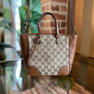 GUCCI Small Bree Convertible Brown GG Canvas Leather Tote Bag