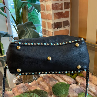 VALENTINO Small Trapeze Black Pebbled Leather Turquoise Rockstud Tote Bag