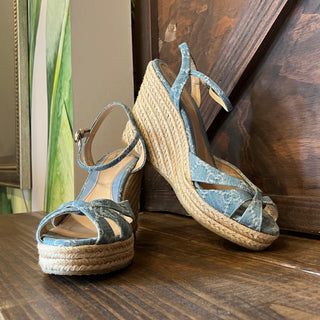 GUCCI Light Blue GG Denim Open Toe Espadrille Wedges SZ40.5(10.5US)