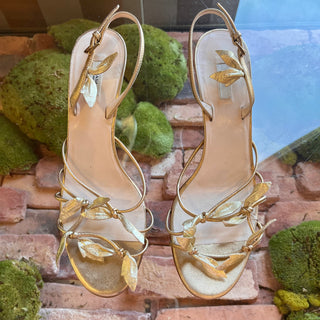 PRADA Vintage Metallic Gold Leather Leaf Sling Back Sandals SZ 39 (US 9)