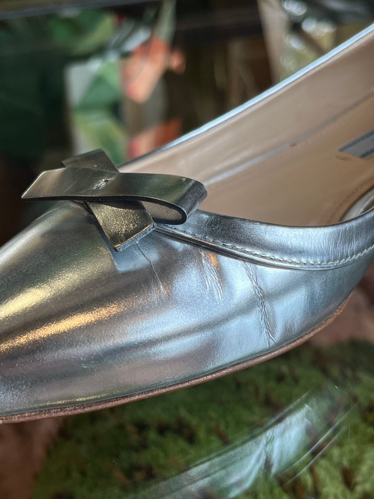 Prada Silver Capretto Lamina Leather Ballet Flats SZ 37.5