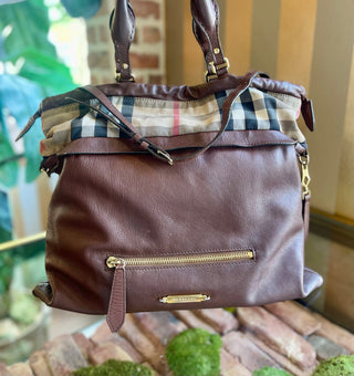 BURBERRY House Check Big Crush Brown Canvas and Leather Tote Bag