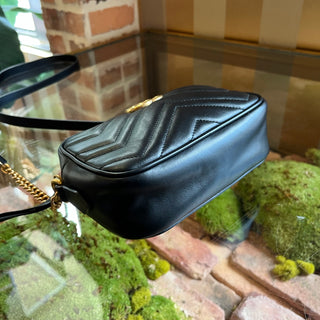 GUCCI Marmont Mini Black Chevron Calfskin Leather Camera Crossbody