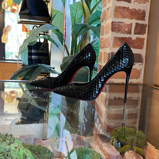 CHRISTIAN LOUBOUTIN Kate 100 Black Scale-Embossed Patent Leather Pumps SZ38