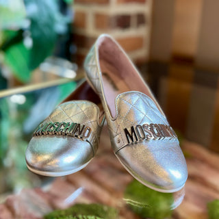 MOSCHINO Silver Metallic Teens Metallic Loafers SZ 39