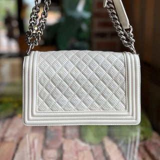 CHANEL Medium Boy Bag White Perforated Leather Shoulder Bag