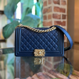 CHANEL Dark Navy Boy Bag Medium Calfskin Shoulder Bag