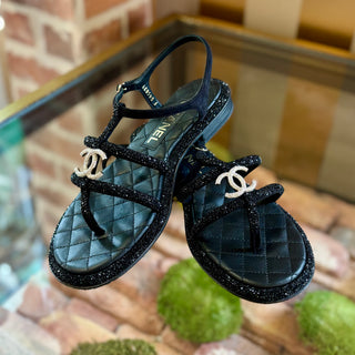 CHANEL Black Leather Strappy Flat Sandals Quilted Crystal CC Logo Ankle Strap SZ 36