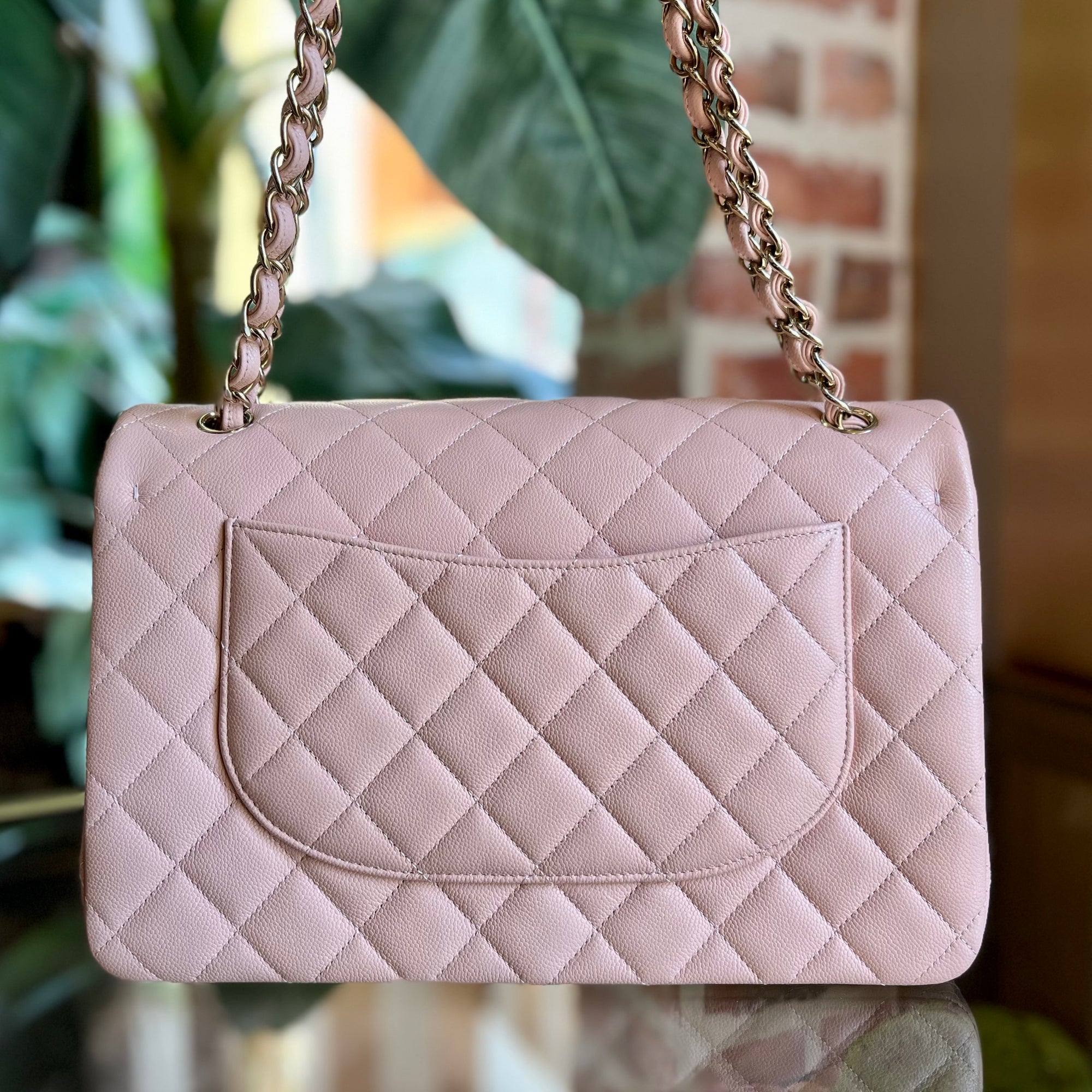 CHANEL Light Pink Caviar Leather Quilted Jumbo Double Flap