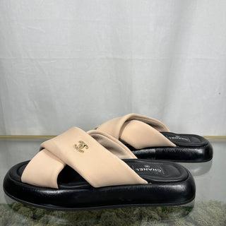 CHANEL CC Fabric Pink Mules Sandals SZ 41  DIA291