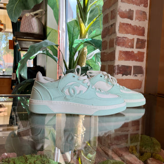 CHANEL CC Light Turquoise White Cotton Sneakers SZ37(7US)