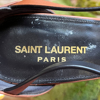 SAINT LAURENT Cassandra Brown Leather Raffia Wedges SZ 41 (US 11)