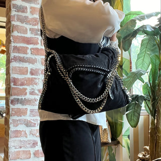 STELLA MCCARTNEY Falabella Black Vegan Grained Shaggy Deer Tote Bag