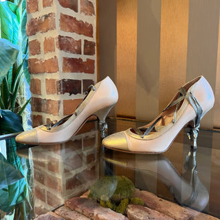 CHANEL Pink Leather Ballet Metallic Wrap Around Heels SZ 37 (US 7)