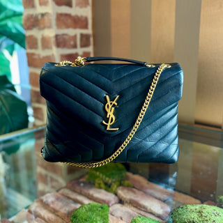 SAINT LAURENT Black Leather Chevron LouLou Shoulder Bag Gold HW Medium