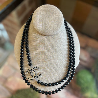 CHANEL CC Crystal Embellished Black Faux Pearl Necklace