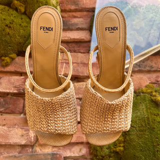 FENDI Woven Raffia Beige First Sandal Heels SZ 39 (US 9)
