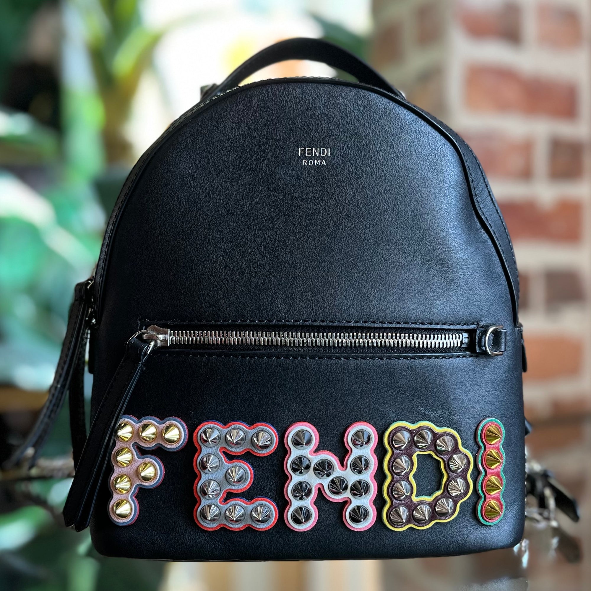 FENDI Black Multicolor Vitello Century Fun Fair Metal Studded Mini Backpack