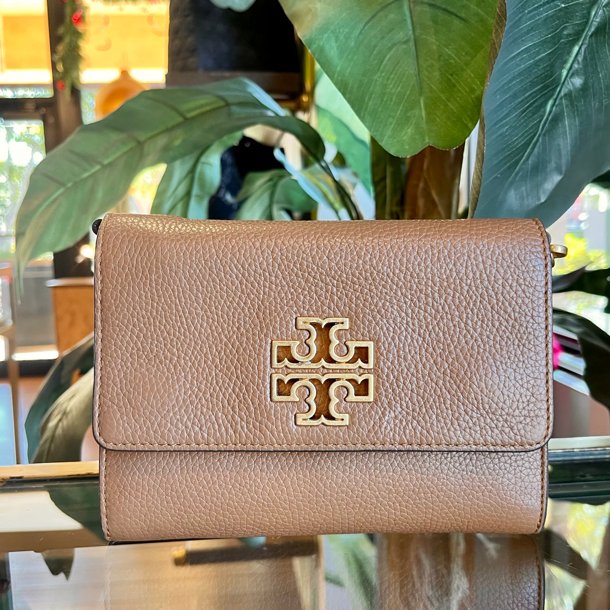 TORY BURCH Brown Leather Britten Flap Wallet on Chain