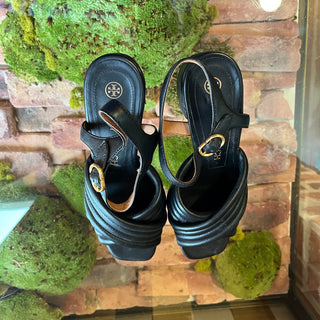 TORY BURCH Kira Black Quilted Leather Sandals Heels SZ8