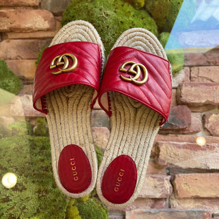 GUCCI Red Nappa Matelasse GG Marmont Espadrille Slides Sandals SZ39.5(9.5US)