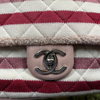 CHANEL Pink/Red Striped Jersey Quilted Jumbo Flap Shoulder Bag