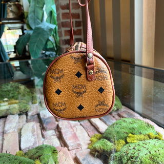 MCM Cognac Visetos Tan Canvas Barrel Crossbody Bag