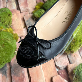 CHANEL Ballet Flats Black Lambskin Patent Leather Cap Toe Flats SZ36(6US)
