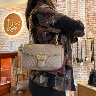 GUCCI GG Marmont Taupe Matelasse Chevron Leather Crossbody Bag