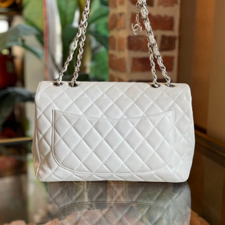 CHANEL Jumbo White Caviar Leather Single Flap Shoulder Bag