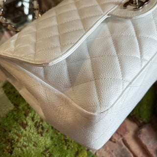 CHANEL Jumbo White Caviar Leather Single Flap Shoulder Bag