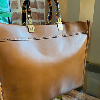 FENDI Sunshine Shopper Medium Brown Smooth Calfskin Embossed Leather Tote