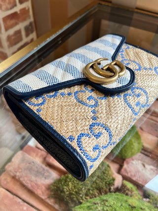 GUCCI Raffia Striped Jumbo GG Marmont Wallet On Chain