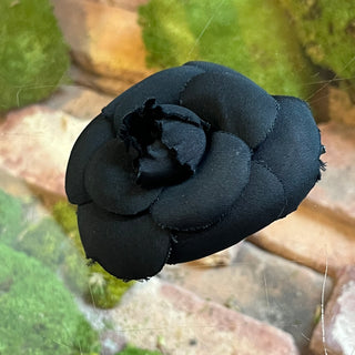 CHANEL Black Fabric Camelia Flower Brooch Pin