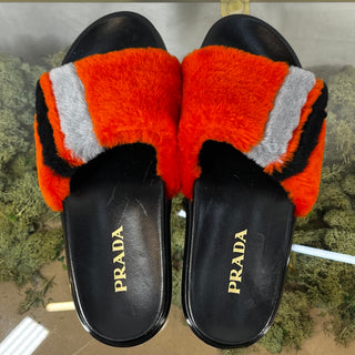 PRADA Orange Multicolor Shearling Slide Sandals SZ37.5(7.5US)