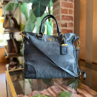 PRADA Blue Vitello Shine Open Convertible Tote