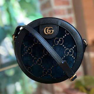 GUCCI Navy Blue Beige Velvet Calfskin GG Monogram Round Shoulder Bag